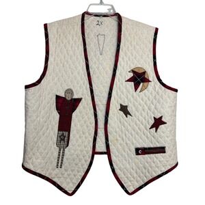 Handmade Primitive Folk Art Quilted Vest Womens 2X Cream Plaid Patchwork Angel